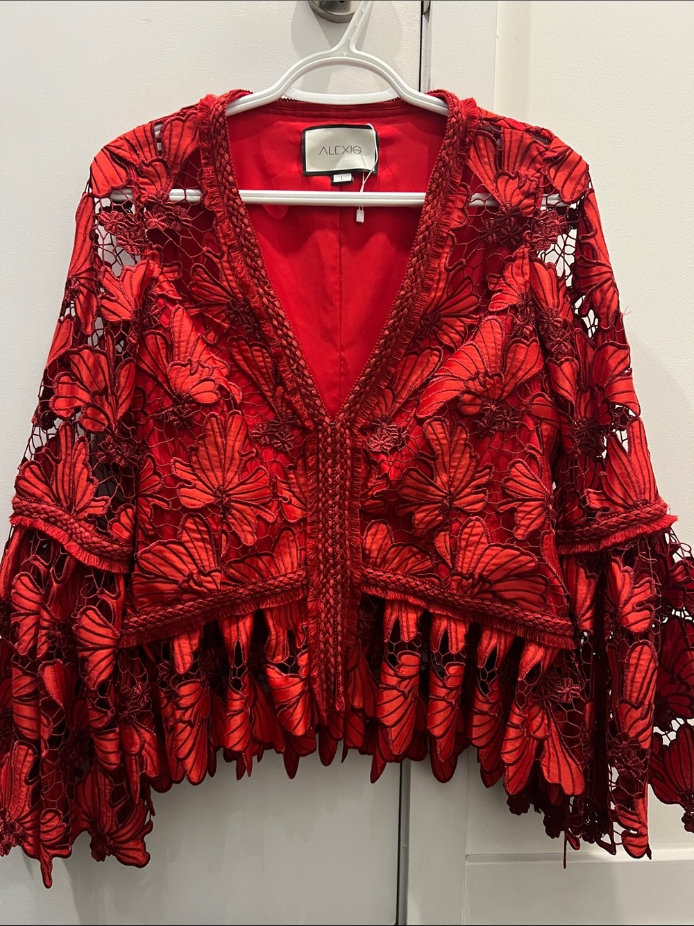 Alexis Red Floral Lace Cropped Jacket with Braided Trim